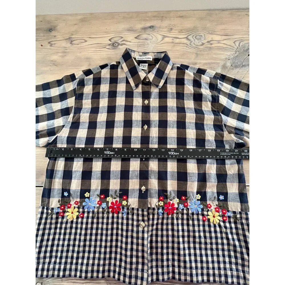 VTG 90s Maggie & Max Button Up Shirt Womens S  Navy Buffalo Plaid Embroidered - Picture 5 of 7
